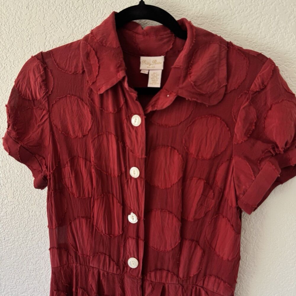 Tracy Reese 100%  Silk Embroidered Dress Sz 8 Boho Red Polka Dot Buttons Classic